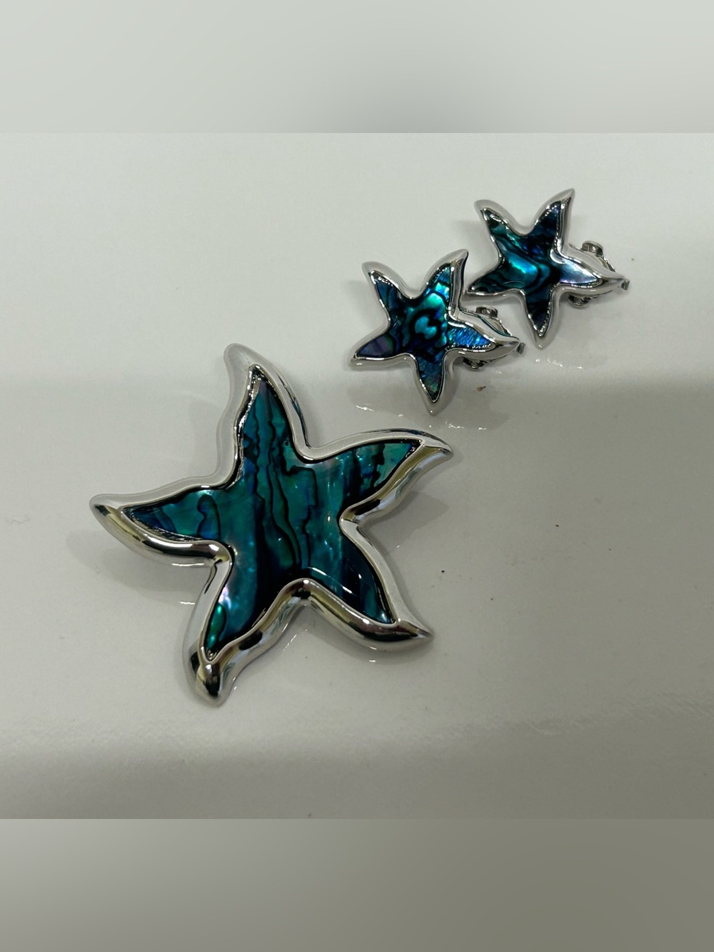 Vintage Butler Silver Tone Abalone Shell Starfish Brooch & Clip-On Earrings Set